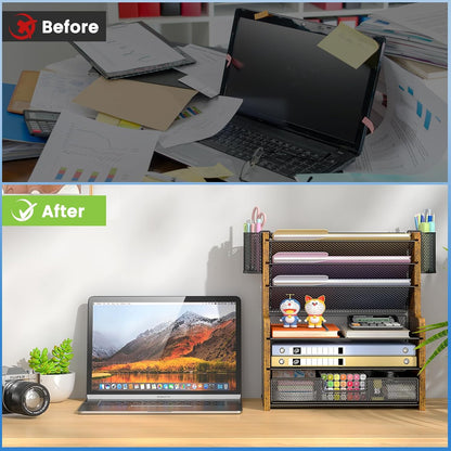 6-Tier Mesh Desk Organizer with Drawer, Wooden Office Organizer for Papers, Folders & Office Supplies - Sturdy Desktop File Holder with 2 Pen Holders - Space Saving Home Office Accessories