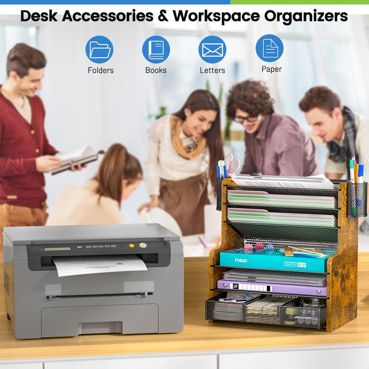 6-Tier Mesh Desk Organizer with Drawer, Wooden Office Organizer for Papers, Folders & Office Supplies - Sturdy Desktop File Holder with 2 Pen Holders - Space Saving Home Office Accessories