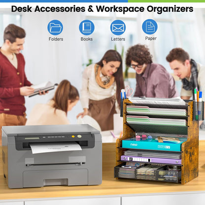 6-Tier Mesh Desk Organizer with Drawer, Wooden Office Organizer for Papers, Folders & Office Supplies - Sturdy Desktop File Holder with 2 Pen Holders - Space Saving Home Office Accessories