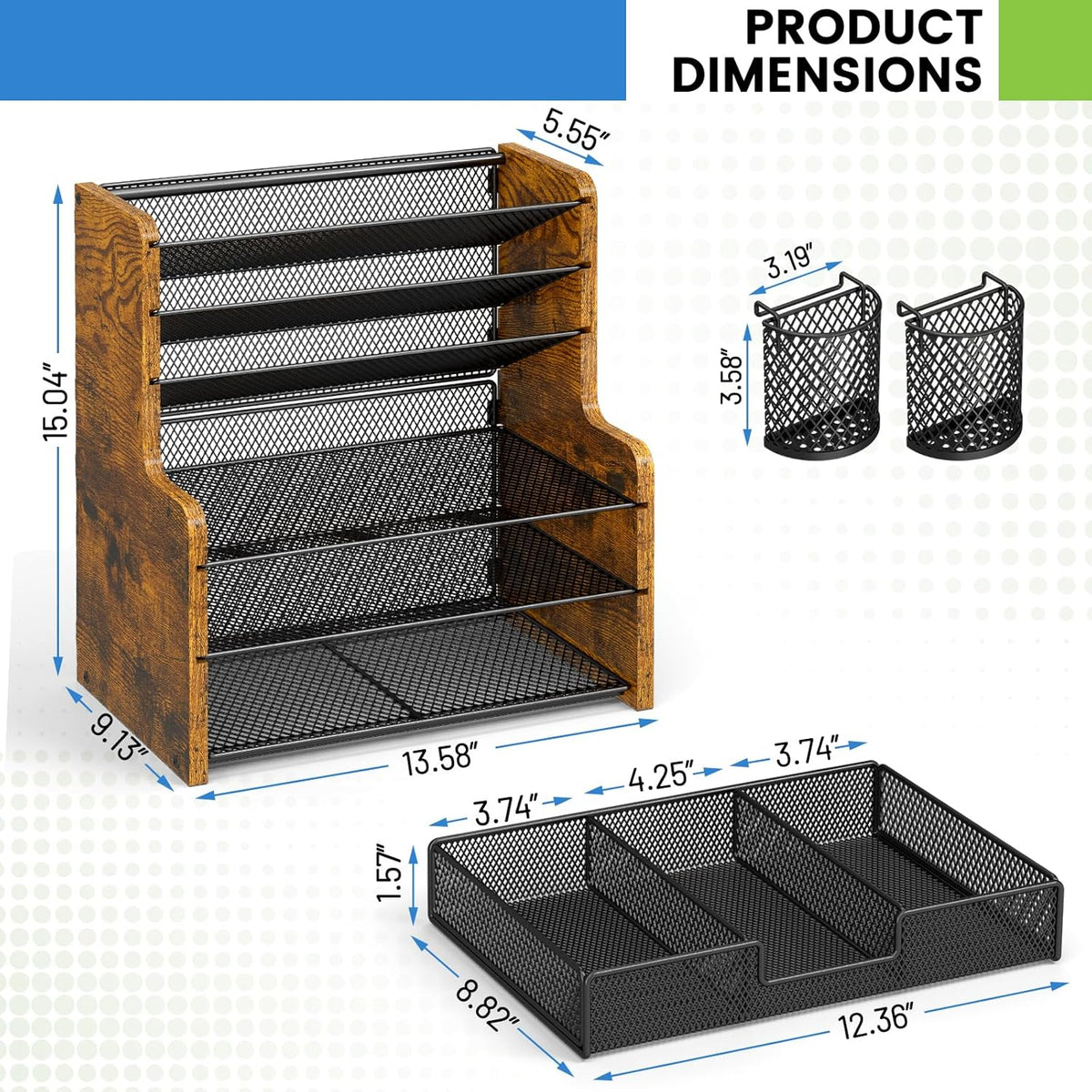 6-Tier Mesh Desk Organizer with Drawer, Wooden Office Organizer for Papers, Folders & Office Supplies - Sturdy Desktop File Holder with 2 Pen Holders - Space Saving Home Office Accessories