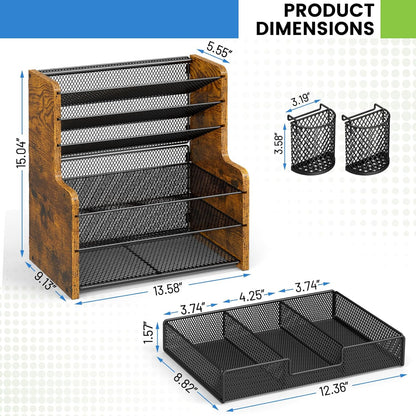 6-Tier Mesh Desk Organizer with Drawer, Wooden Office Organizer for Papers, Folders & Office Supplies - Sturdy Desktop File Holder with 2 Pen Holders - Space Saving Home Office Accessories