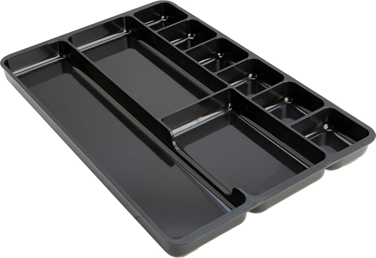 Drawer Tray Organizer, 9-Compartments, 9.38" x 14" x 1.25", Plastic, Black