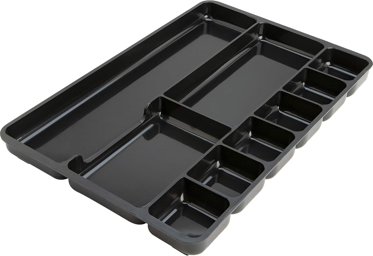 Drawer Tray Organizer, 9-Compartments, 9.38" x 14" x 1.25", Plastic, Black