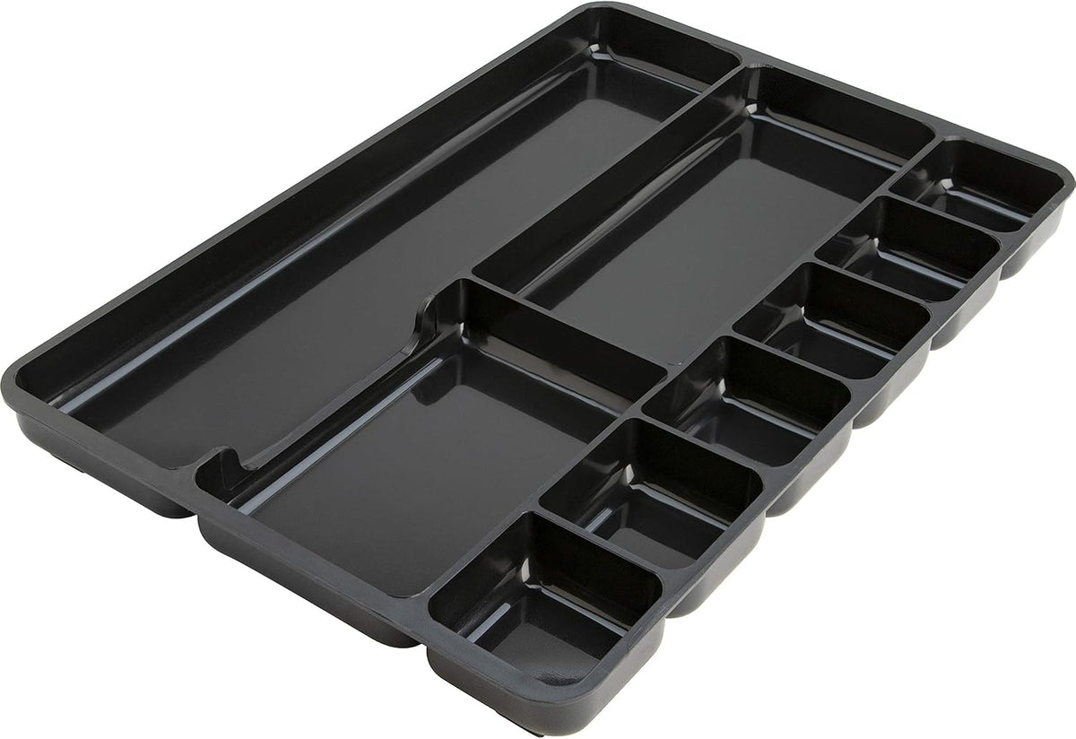 Drawer Tray Organizer, 9-Compartments, 9.38" x 14" x 1.25", Plastic, Black