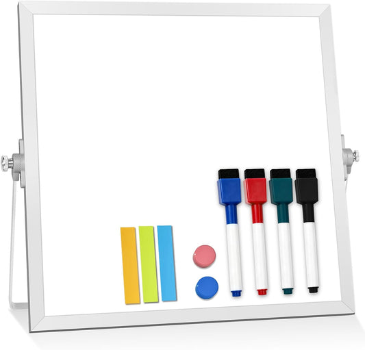 Small Desktop White Board with Stand, 10" x 10" Double-Sided Silver Aluminium Frame Whiteboard for Kids, Mini Dry Erase Board for Home, Office, School