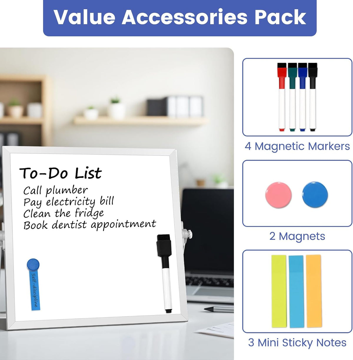 Small Desktop White Board with Stand, 10" x 10" Double-Sided Silver Aluminium Frame Whiteboard for Kids, Mini Dry Erase Board for Home, Office, School