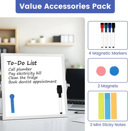 Small Desktop White Board with Stand, 10" x 10" Double-Sided Silver Aluminium Frame Whiteboard for Kids, Mini Dry Erase Board for Home, Office, School