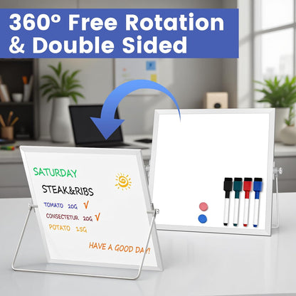 Small Desktop White Board with Stand, 10" x 10" Double-Sided Silver Aluminium Frame Whiteboard for Kids, Mini Dry Erase Board for Home, Office, School