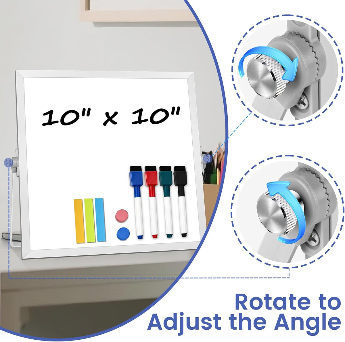 Small Desktop White Board with Stand, 10" x 10" Double-Sided Silver Aluminium Frame Whiteboard for Kids, Mini Dry Erase Board for Home, Office, School