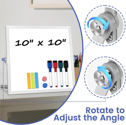 Small Desktop White Board with Stand, 10" x 10" Double-Sided Silver Aluminium Frame Whiteboard for Kids, Mini Dry Erase Board for Home, Office, School