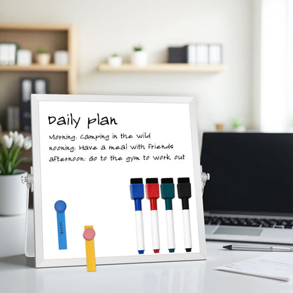 Small Desktop White Board with Stand, 10" x 10" Double-Sided Silver Aluminium Frame Whiteboard for Kids, Mini Dry Erase Board for Home, Office, School
