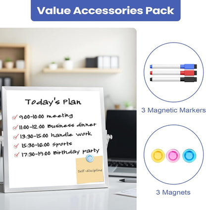 Small Desktop White Board with Stand, 10" x 10" Double-Sided Silver Aluminium Frame Whiteboard for Kids, Mini Dry Erase Board for Home, Office, School
