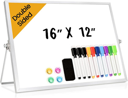 Small Desktop White Board with Stand, 10" x 10" Double-Sided Silver Aluminium Frame Whiteboard for Kids, Mini Dry Erase Board for Home, Office, School