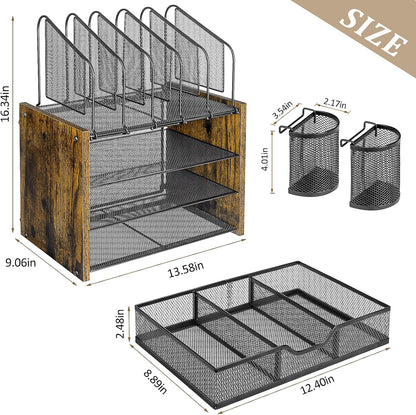 4-Tier Mesh Desk Organizer, Wooden Desk File Organizer with 5 Vertical File Holders and 2 Pen Holders, Desktop Organizers and Accessories with Drawer for Home Office