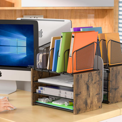 4-Tier Mesh Desk Organizer, Wooden Desk File Organizer with 5 Vertical File Holders and 2 Pen Holders, Desktop Organizers and Accessories with Drawer for Home Office