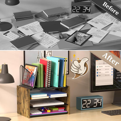 4-Tier Mesh Desk Organizer, Wooden Desk File Organizer with 5 Vertical File Holders and 2 Pen Holders, Desktop Organizers and Accessories with Drawer for Home Office