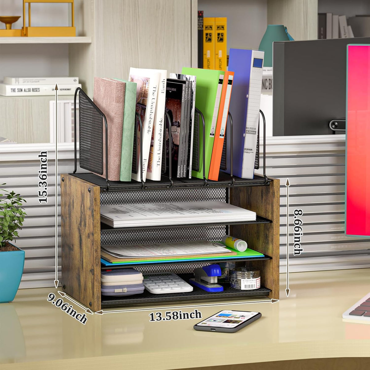 4-Tier Mesh Desk Organizer, Wooden Desk File Organizer with 5 Vertical File Holders and 2 Pen Holders, Desktop Organizers and Accessories with Drawer for Home Office