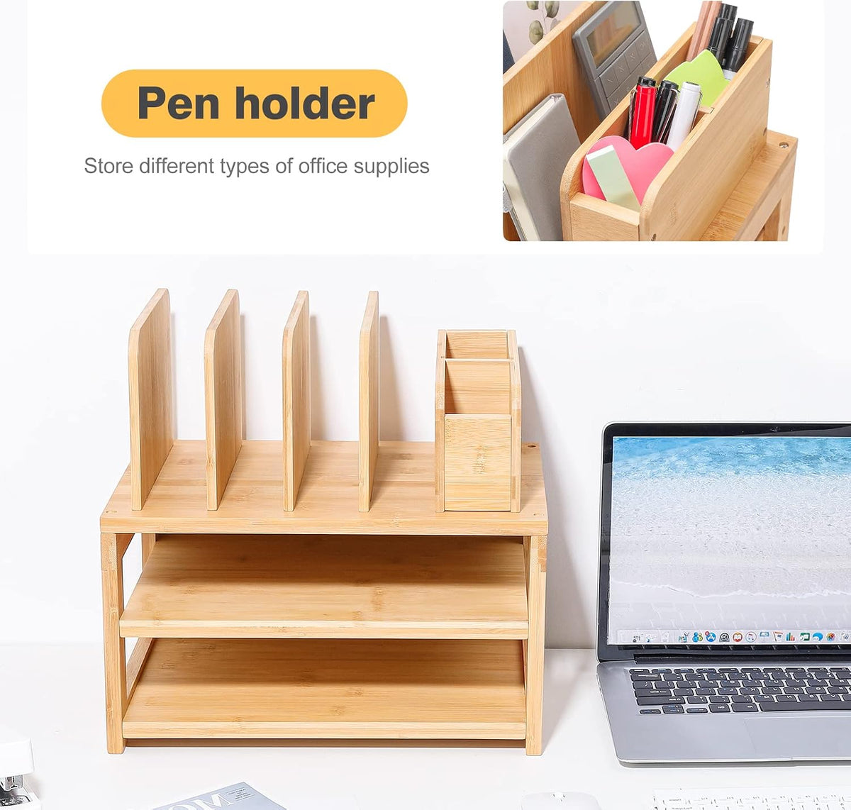 Desk Organizer with File Holder: 3-Tier Bamboo Organization for Desks