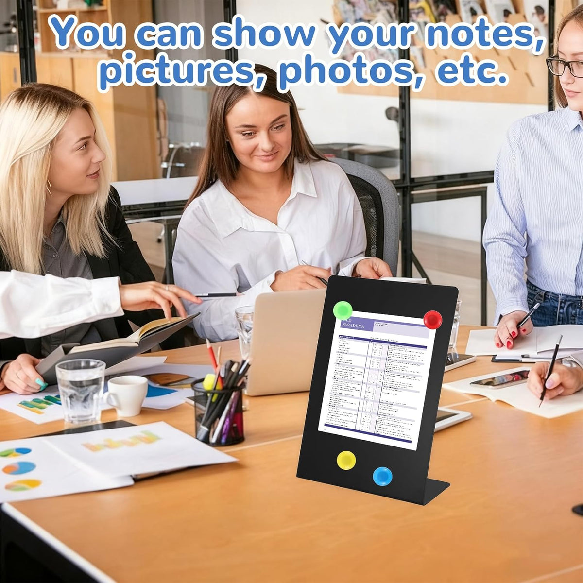 Magnetic Bulletin Board with Easel Stand, 13.7x9.8 Inch Tabletop Metal Memo Display with 8 Magnets, Standing Magnetic Board for Office, Kitchen, School, Home (Black)