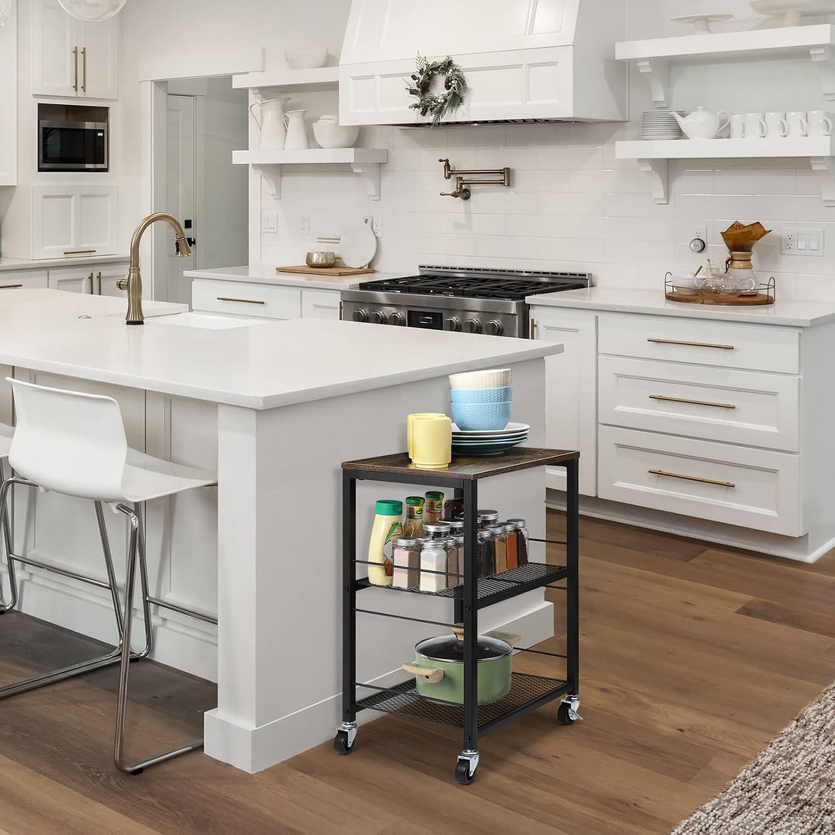 3 Tier End Table with Wheel, Rolling Kitchen Cart Storage Shelf