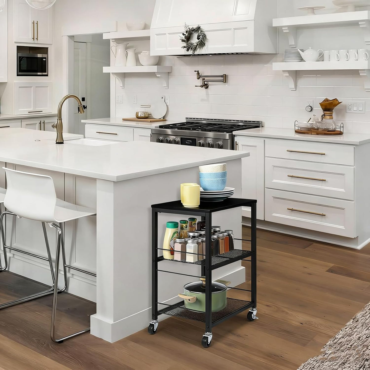 3 Tier End Table with Wheel, Rolling Kitchen Cart Storage Shelf