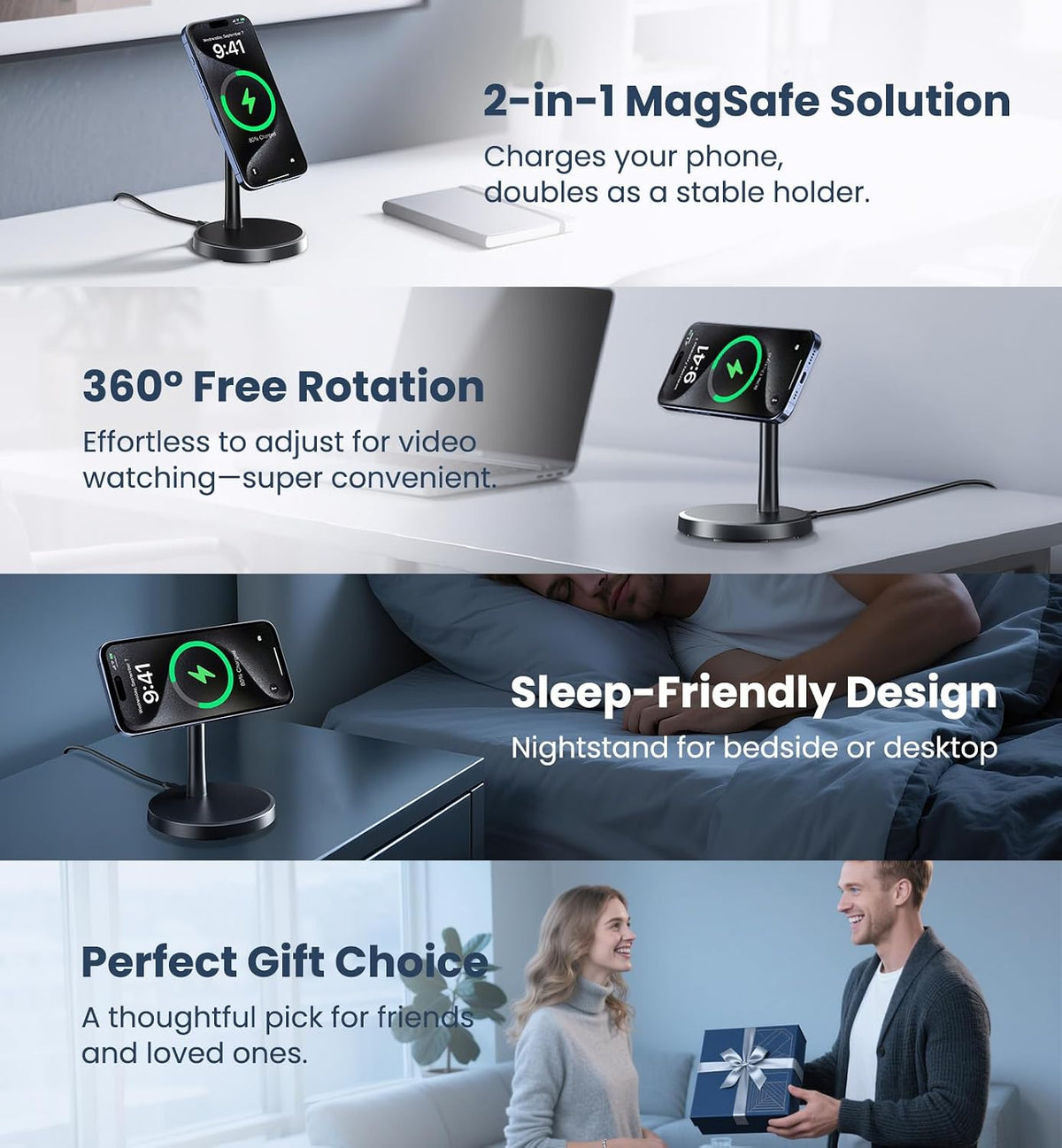 Magnetic Wireless Charger iPhone, 2 Pack 15W Fast Mag-Safe Charger Stand for iPhone 17/17 Air/17 Pro/17 Pro Max 16/15/14/13/12 Series, Wireless Charging Station for Pad/AirPods(Black)