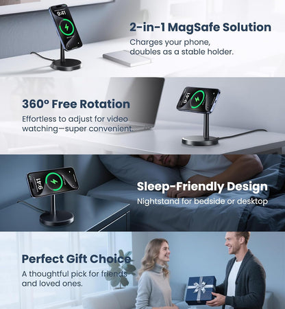 Magnetic Wireless Charger iPhone, 2 Pack 15W Fast Mag-Safe Charger Stand for iPhone 17/17 Air/17 Pro/17 Pro Max 16/15/14/13/12 Series, Wireless Charging Station for Pad/AirPods(Black)