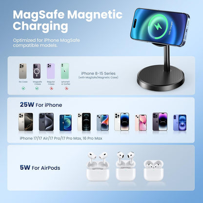 Magnetic Wireless Charger iPhone, 2 Pack 15W Fast Mag-Safe Charger Stand for iPhone 17/17 Air/17 Pro/17 Pro Max 16/15/14/13/12 Series, Wireless Charging Station for Pad/AirPods(Black)