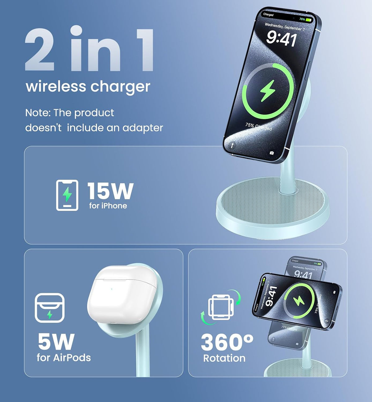 Magnetic Wireless Charger iPhone, 2 Pack 15W Fast Mag-Safe Charger Stand for iPhone 17/17 Air/17 Pro/17 Pro Max 16/15/14/13/12 Series, Wireless Charging Station for Pad/AirPods(Black)