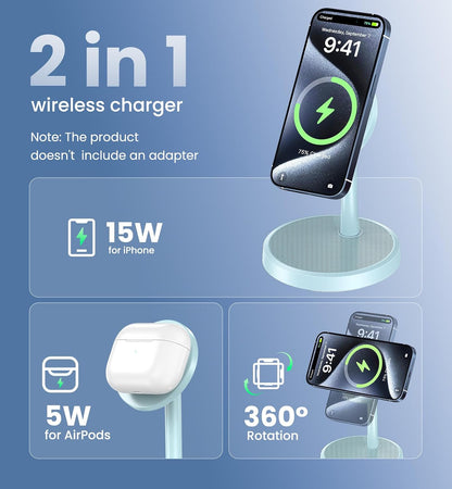 Magnetic Wireless Charger iPhone, 2 Pack 15W Fast Mag-Safe Charger Stand for iPhone 17/17 Air/17 Pro/17 Pro Max 16/15/14/13/12 Series, Wireless Charging Station for Pad/AirPods(Black)
