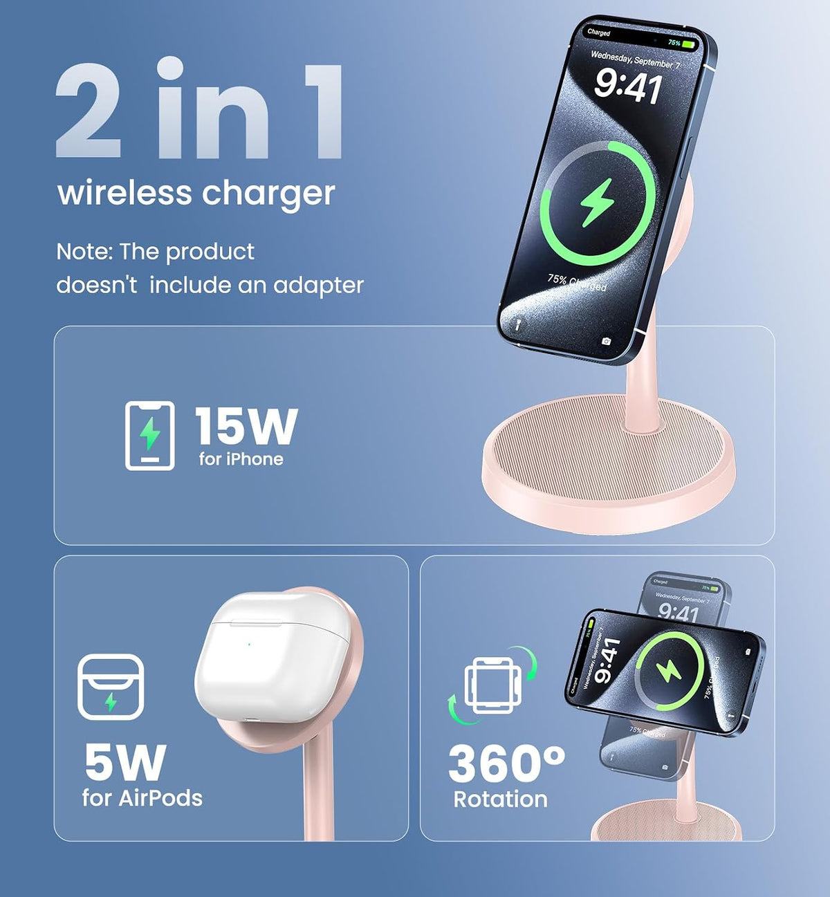 Magnetic Wireless Charger iPhone, 2 Pack 15W Fast Mag-Safe Charger Stand for iPhone 17/17 Air/17 Pro/17 Pro Max 16/15/14/13/12 Series, Wireless Charging Station for Pad/AirPods(Black)