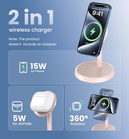 Magnetic Wireless Charger iPhone, 2 Pack 15W Fast Mag-Safe Charger Stand for iPhone 17/17 Air/17 Pro/17 Pro Max 16/15/14/13/12 Series, Wireless Charging Station for Pad/AirPods(Black)
