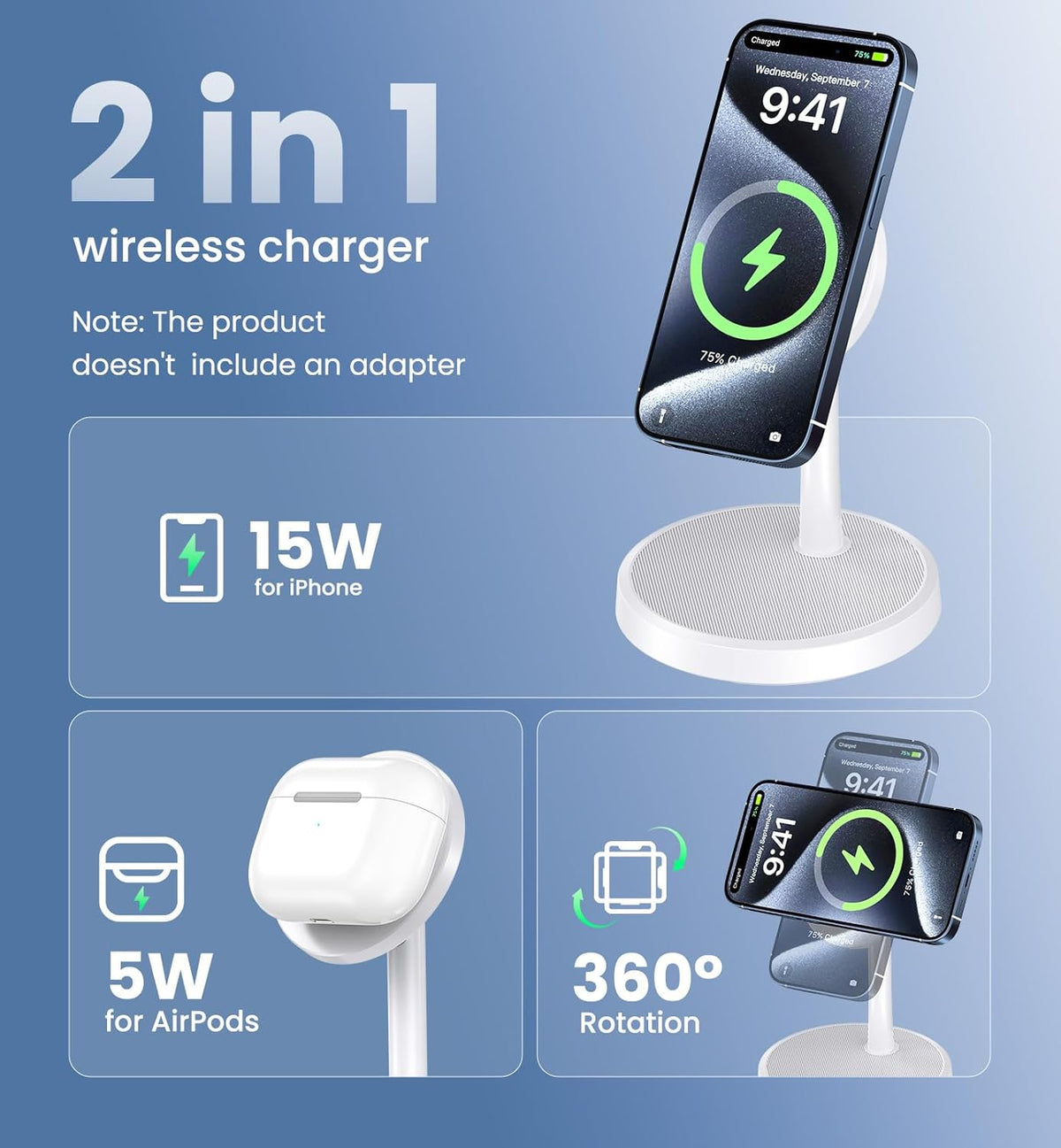 Magnetic Wireless Charger iPhone, 2 Pack 15W Fast Mag-Safe Charger Stand for iPhone 17/17 Air/17 Pro/17 Pro Max 16/15/14/13/12 Series, Wireless Charging Station for Pad/AirPods(Black)