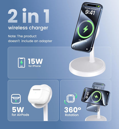 Magnetic Wireless Charger iPhone, 2 Pack 15W Fast Mag-Safe Charger Stand for iPhone 17/17 Air/17 Pro/17 Pro Max 16/15/14/13/12 Series, Wireless Charging Station for Pad/AirPods(Black)