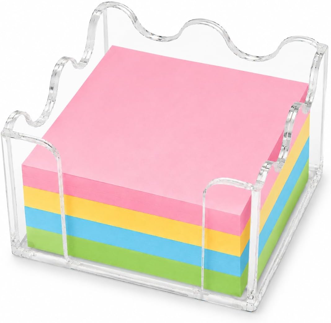 3x3 Inch Scalloped Acrylic Sticky Note Holder, Clear Cute Post It Note Dispenser, Notepad Holder with Wave Design, Thick Acrylic Desk Organizer for Office, Home, Dorm, Classroom