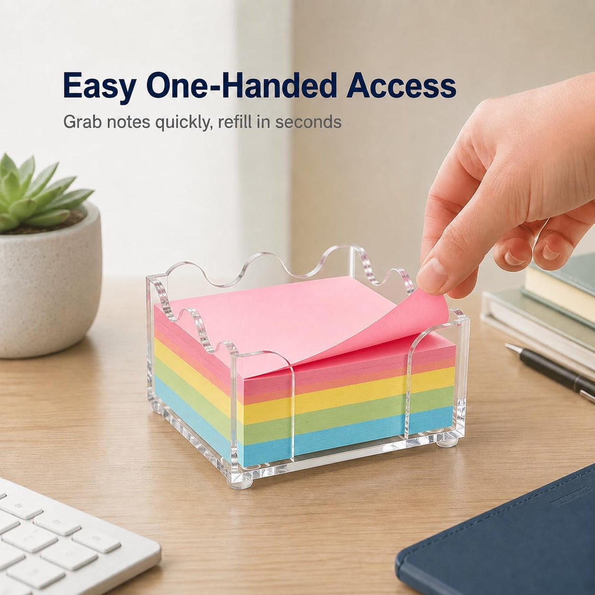3x3 Inch Scalloped Acrylic Sticky Note Holder, Clear Cute Post It Note Dispenser, Notepad Holder with Wave Design, Thick Acrylic Desk Organizer for Office, Home, Dorm, Classroom