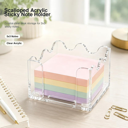 3x3 Inch Scalloped Acrylic Sticky Note Holder, Clear Cute Post It Note Dispenser, Notepad Holder with Wave Design, Thick Acrylic Desk Organizer for Office, Home, Dorm, Classroom