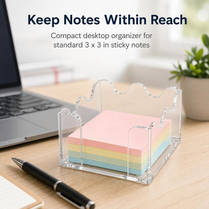 3x3 Inch Scalloped Acrylic Sticky Note Holder, Clear Cute Post It Note Dispenser, Notepad Holder with Wave Design, Thick Acrylic Desk Organizer for Office, Home, Dorm, Classroom