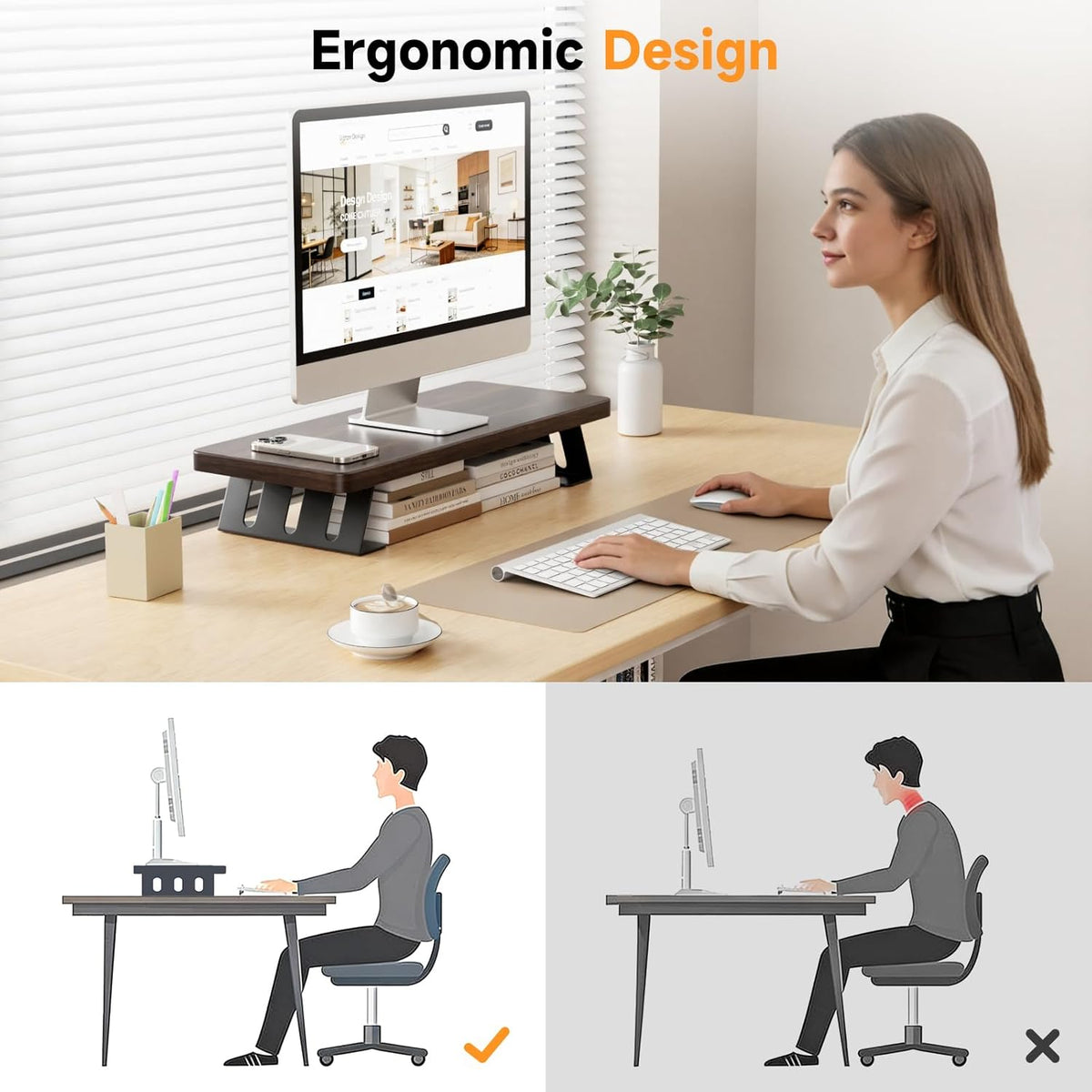 Monitor Stand - 24 Inch Wood Monitor Stand Riser, 220 Pounds Load Capacity Desk Monitor Riser for Laptop/PC/Printer, Desktop Stands Organizer for Home Office