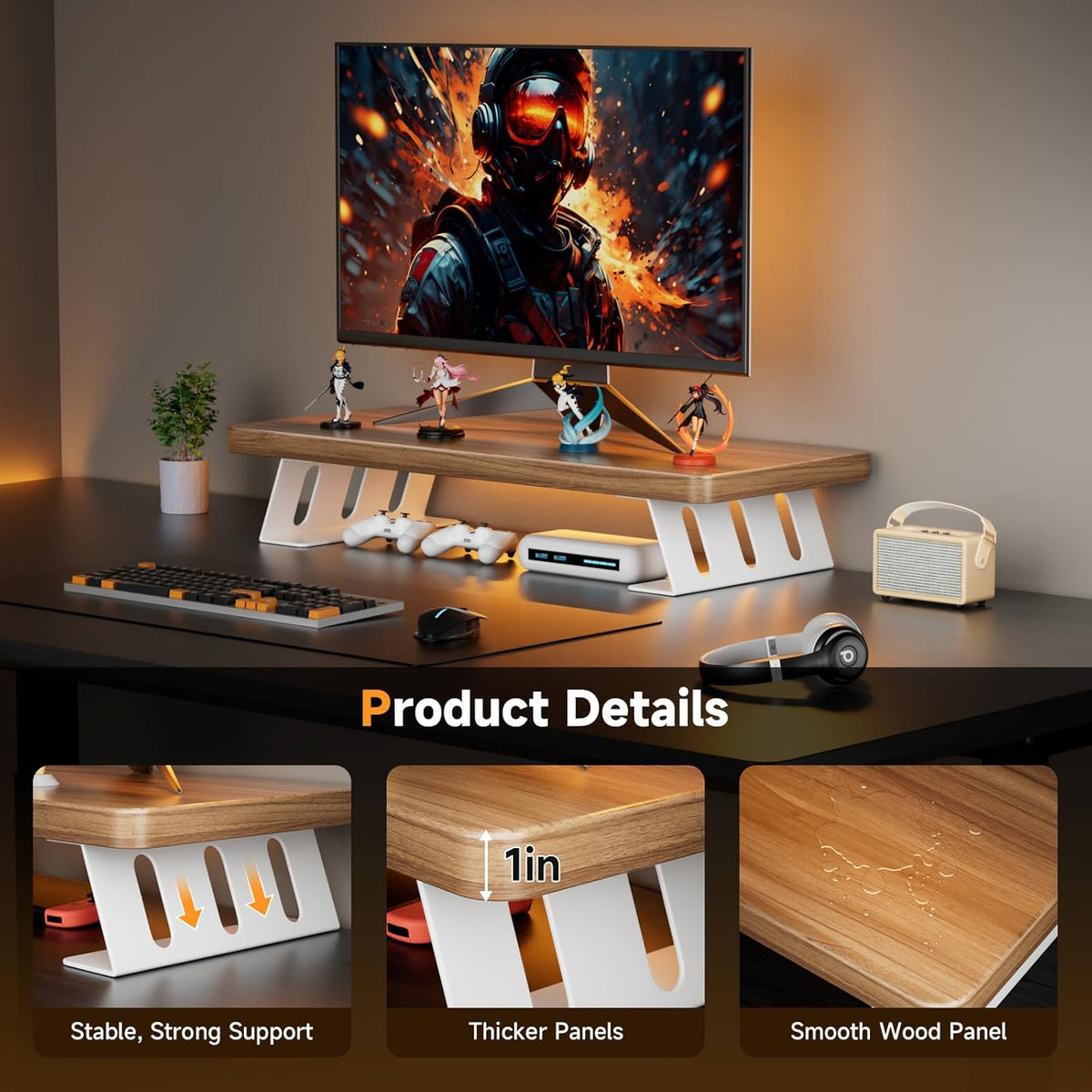 Monitor Stand - 24 Inch Wood Monitor Stand Riser, 220 Pounds Load Capacity Desk Monitor Riser for Laptop/PC/Printer, Desktop Stands Organizer for Home Office