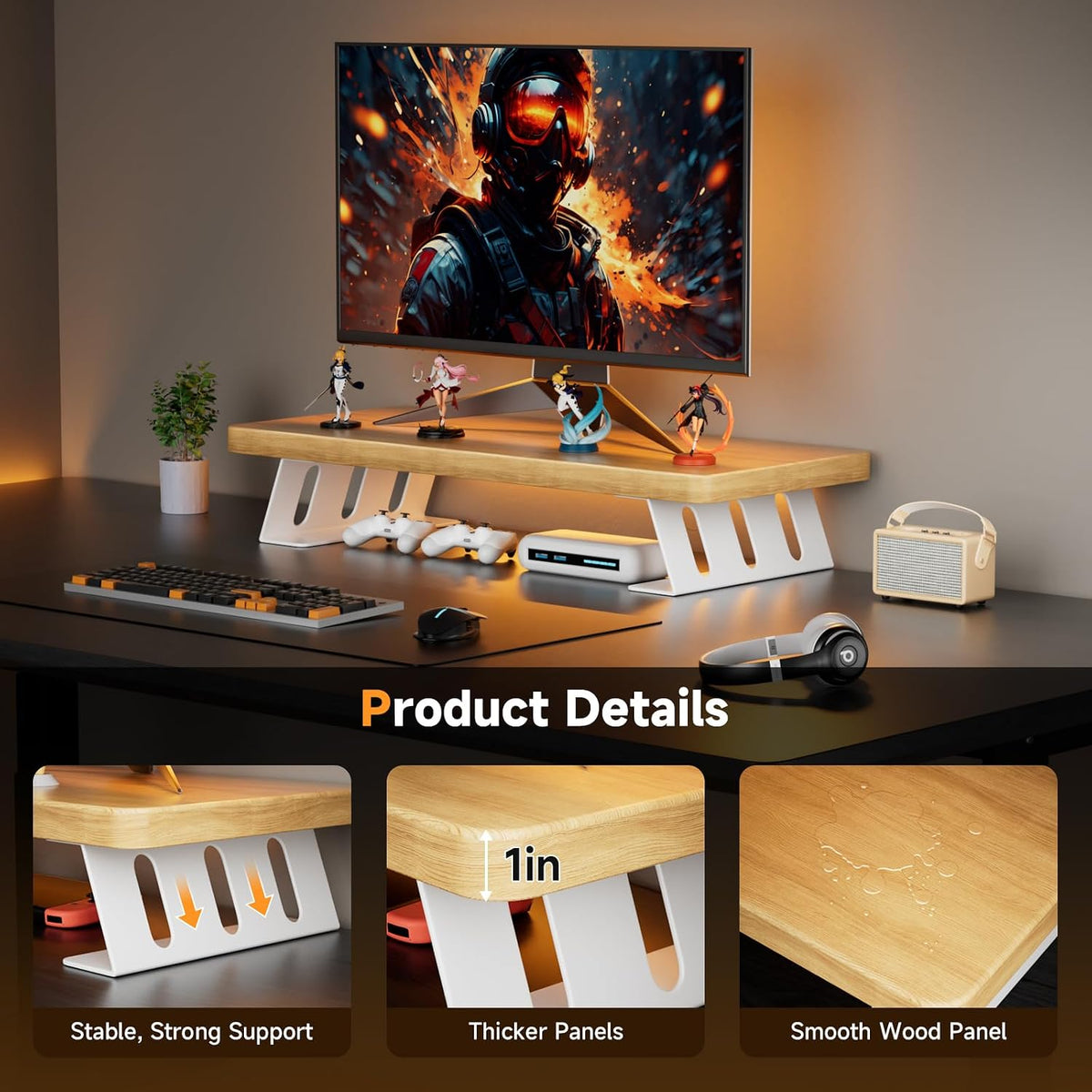 Monitor Stand - 24 Inch Wood Monitor Stand Riser, 220 Pounds Load Capacity Desk Monitor Riser for Laptop/PC/Printer, Desktop Stands Organizer for Home Office