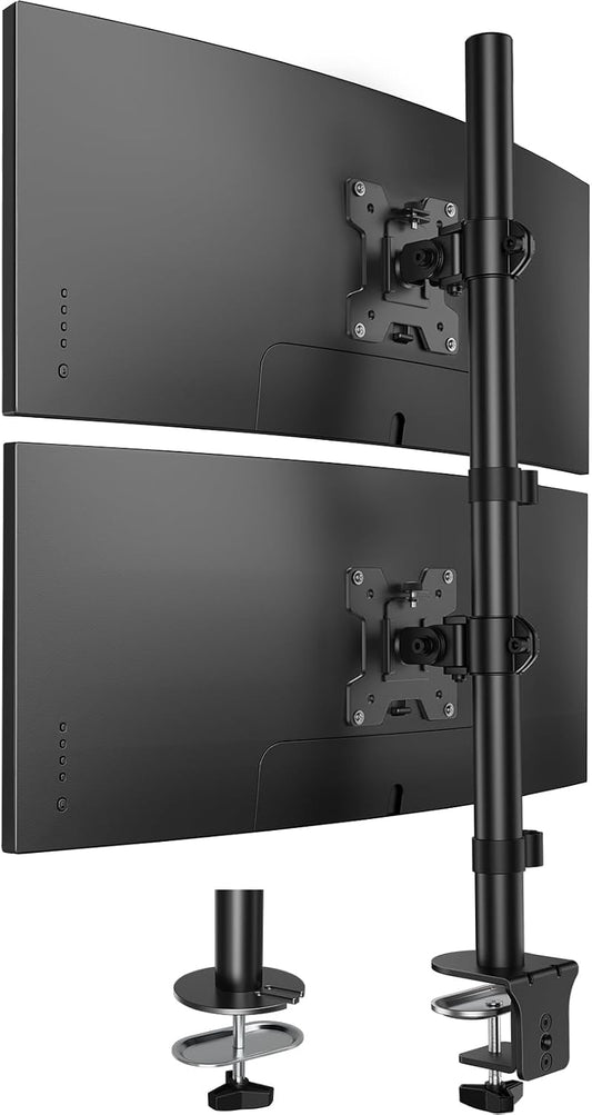 Vertical Dual Monitor Mount, Stacked Monitor Stand for 2 Monitors with Height Adjustment Computer Monitor Arm Supports Two 17 to 32 Inch with C Clamp Each Desk Mount Hold up to 17.6lbs