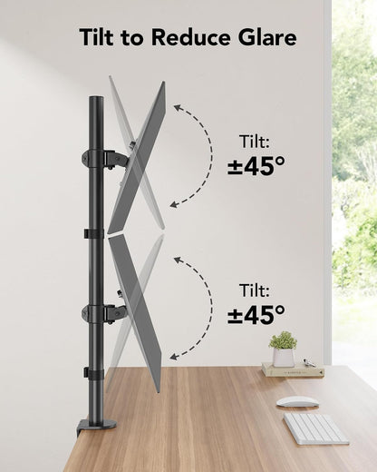 Vertical Dual Monitor Mount, Stacked Monitor Stand for 2 Monitors with Height Adjustment Computer Monitor Arm Supports Two 17 to 32 Inch with C Clamp Each Desk Mount Hold up to 17.6lbs