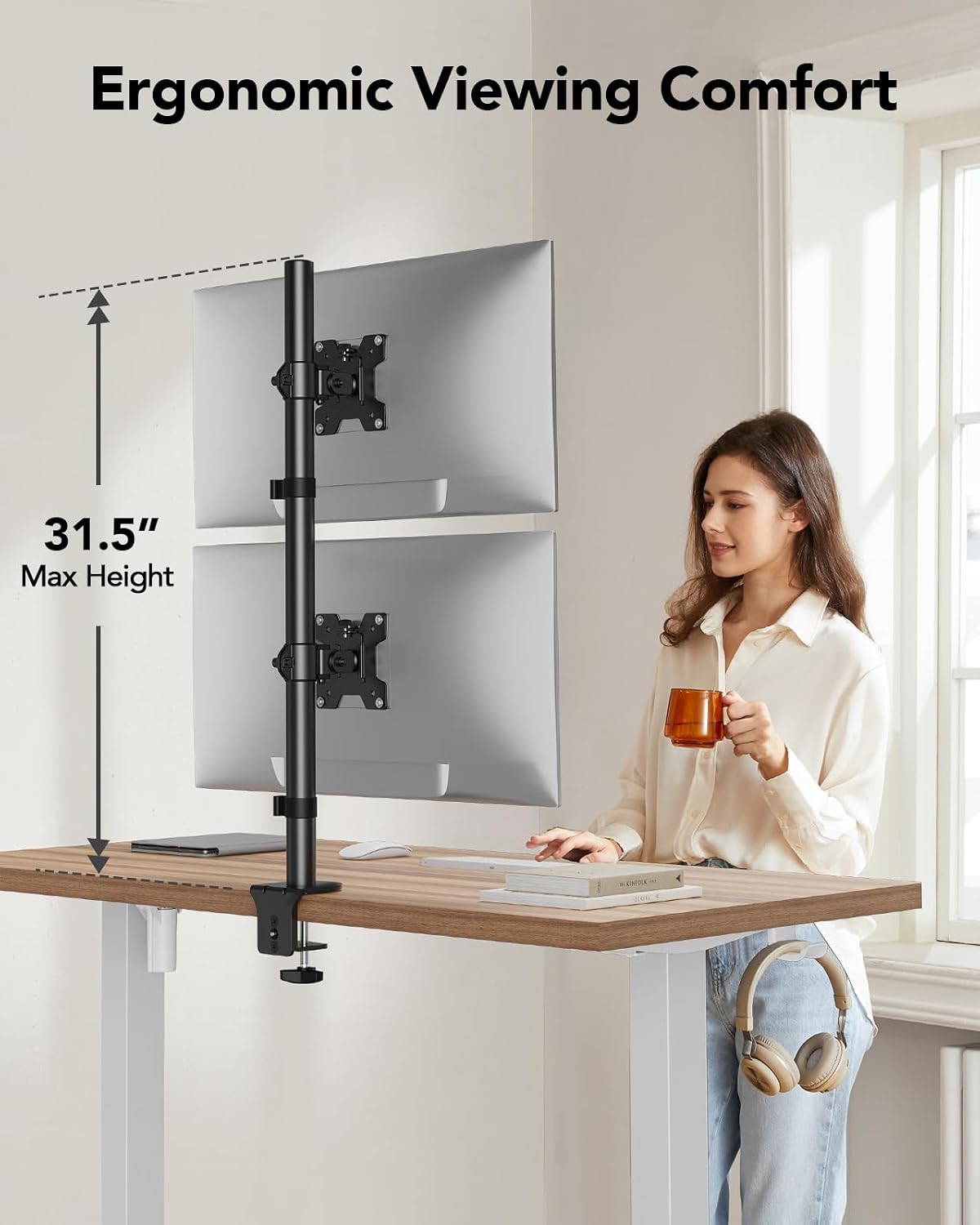 Vertical Dual Monitor Mount, Stacked Monitor Stand for 2 Monitors with Height Adjustment Computer Monitor Arm Supports Two 17 to 32 Inch with C Clamp Each Desk Mount Hold up to 17.6lbs