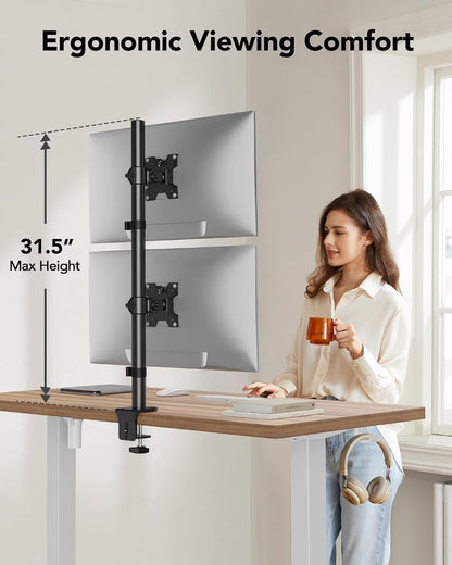 Vertical Dual Monitor Mount, Stacked Monitor Stand for 2 Monitors with Height Adjustment Computer Monitor Arm Supports Two 17 to 32 Inch with C Clamp Each Desk Mount Hold up to 17.6lbs