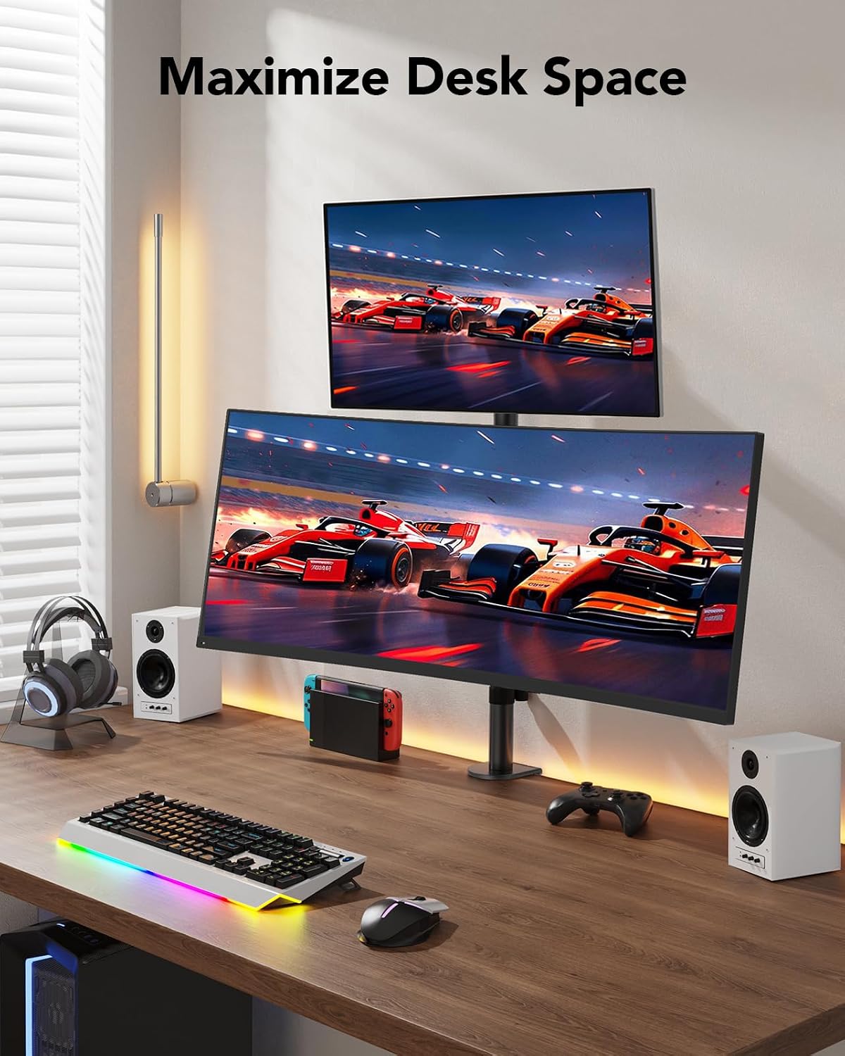 Vertical Dual Monitor Mount, Stacked Monitor Stand for 2 Monitors with Height Adjustment Computer Monitor Arm Supports Two 17 to 32 Inch with C Clamp Each Desk Mount Hold up to 17.6lbs