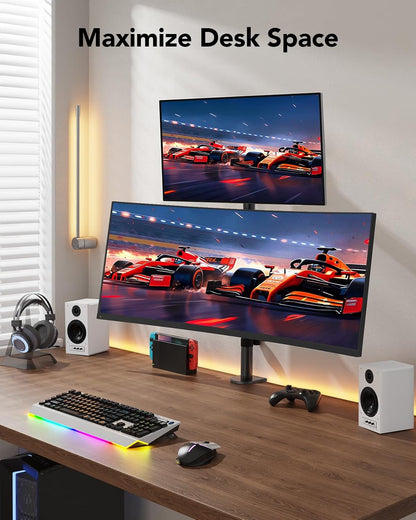 Vertical Dual Monitor Mount, Stacked Monitor Stand for 2 Monitors with Height Adjustment Computer Monitor Arm Supports Two 17 to 32 Inch with C Clamp Each Desk Mount Hold up to 17.6lbs