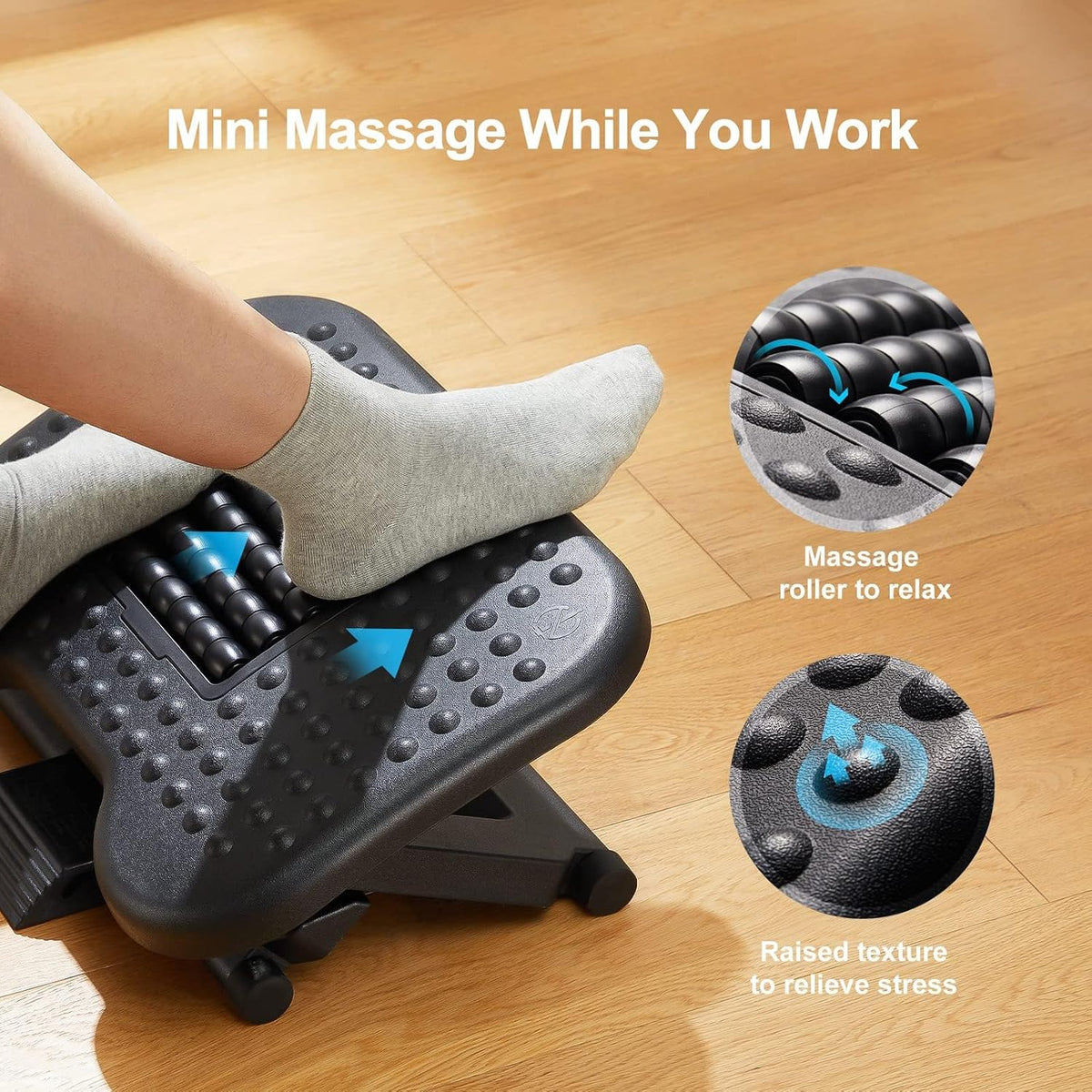 Foot Rest for Under Desk at Work, Adjustable Footrest with Massage Texture and Roller, Ergonomic Foot Stool with 3 Height Position, 30 Degree Tilt Angle Adjustment for Home, Office