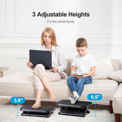 Foot Rest for Under Desk at Work, Adjustable Footrest with Massage Texture and Roller, Ergonomic Foot Stool with 3 Height Position, 30 Degree Tilt Angle Adjustment for Home, Office