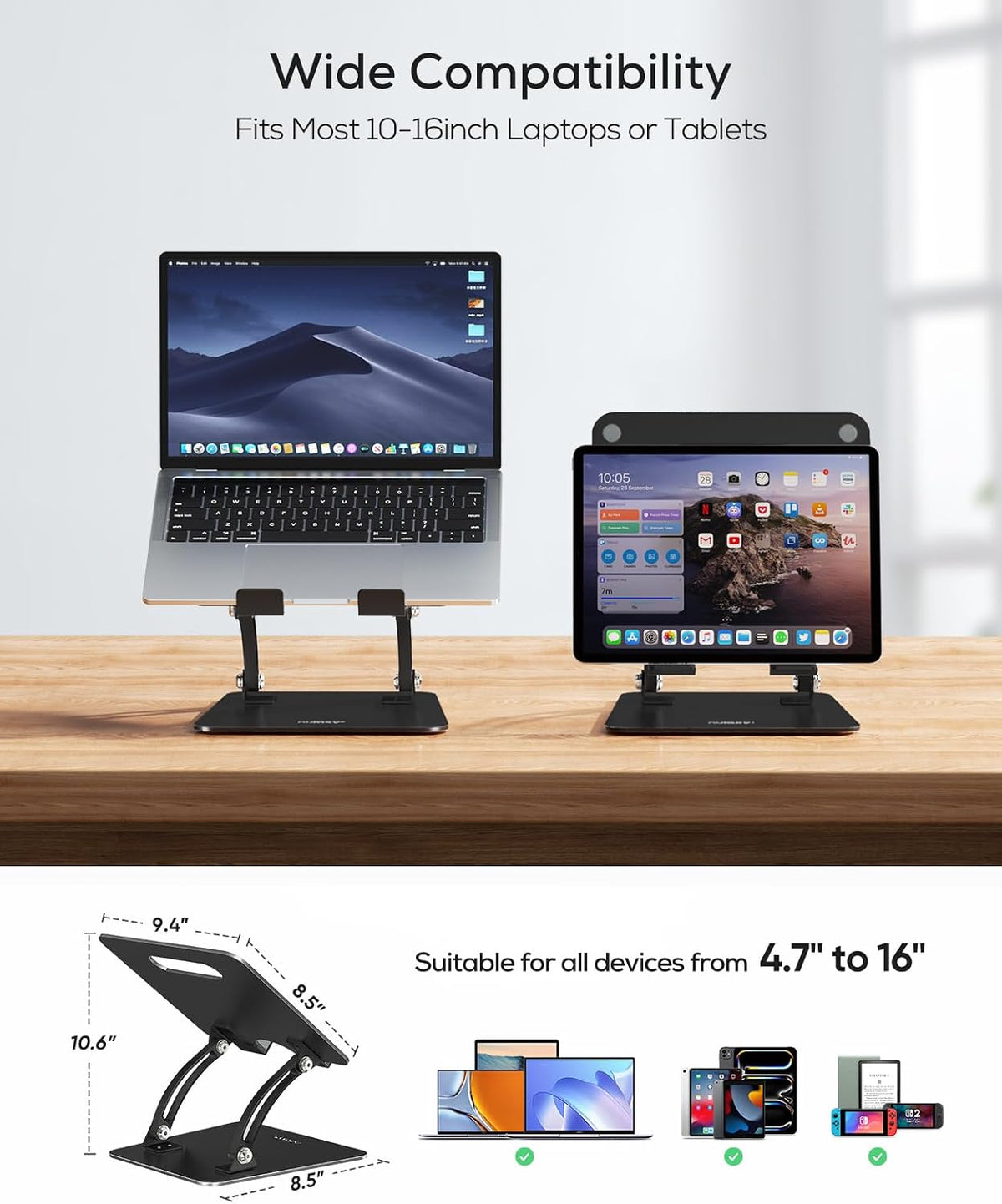 Ergonomic Adjustable Laptop Stand for Desk, Dual Foldable Computer Riser with Advanced Heat-Vent, Heavy-Duty Portable Notebook Holder for Posture Correction, Compatible with Mac 10-16" Laptops